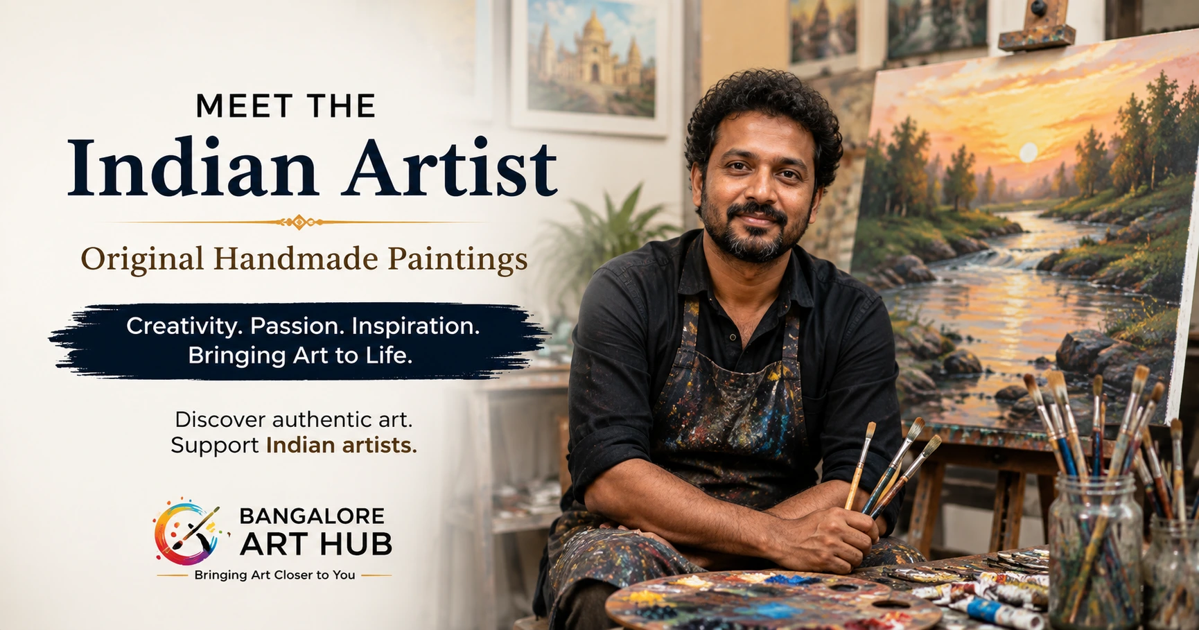 Indian Artist showcasing an original landscape painting