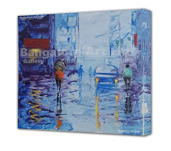 Modern Blue Rain Street | Contemporary Cityscape Canvas Art