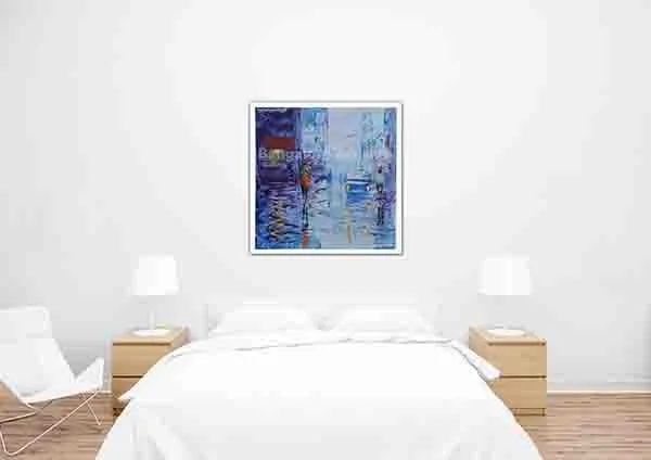 Modern Blue Rain Street | Contemporary Cityscape Canvas Art