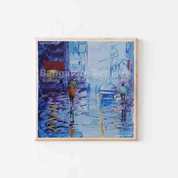 Modern Blue Rain Street | Contemporary Cityscape Canvas Art