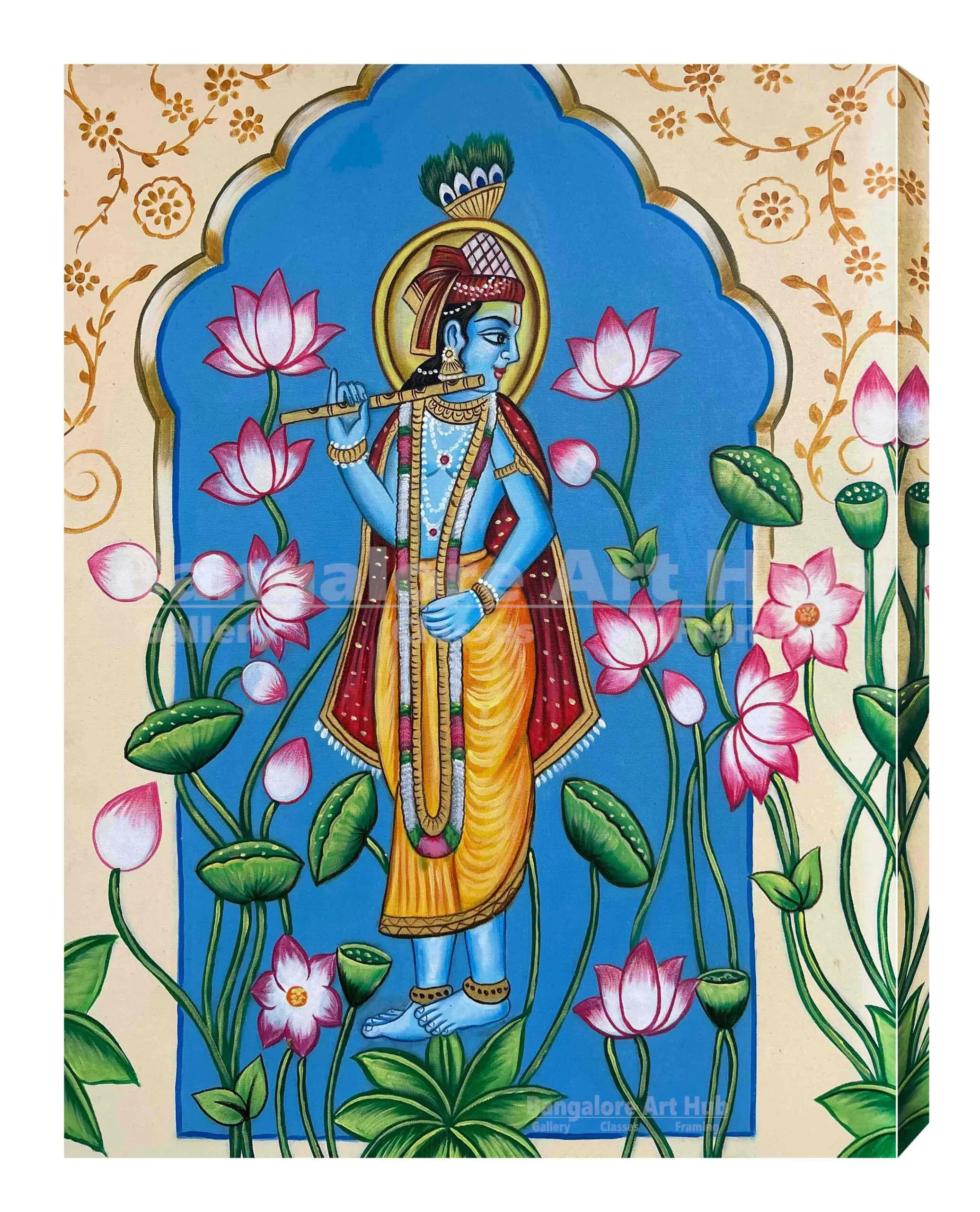 Lord Krishna with Lotus Flowers | Traditional Indian | Handmade Original Art