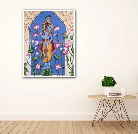 Lord Krishna with Lotus Flowers | Traditional Indian | Handmade Original Art