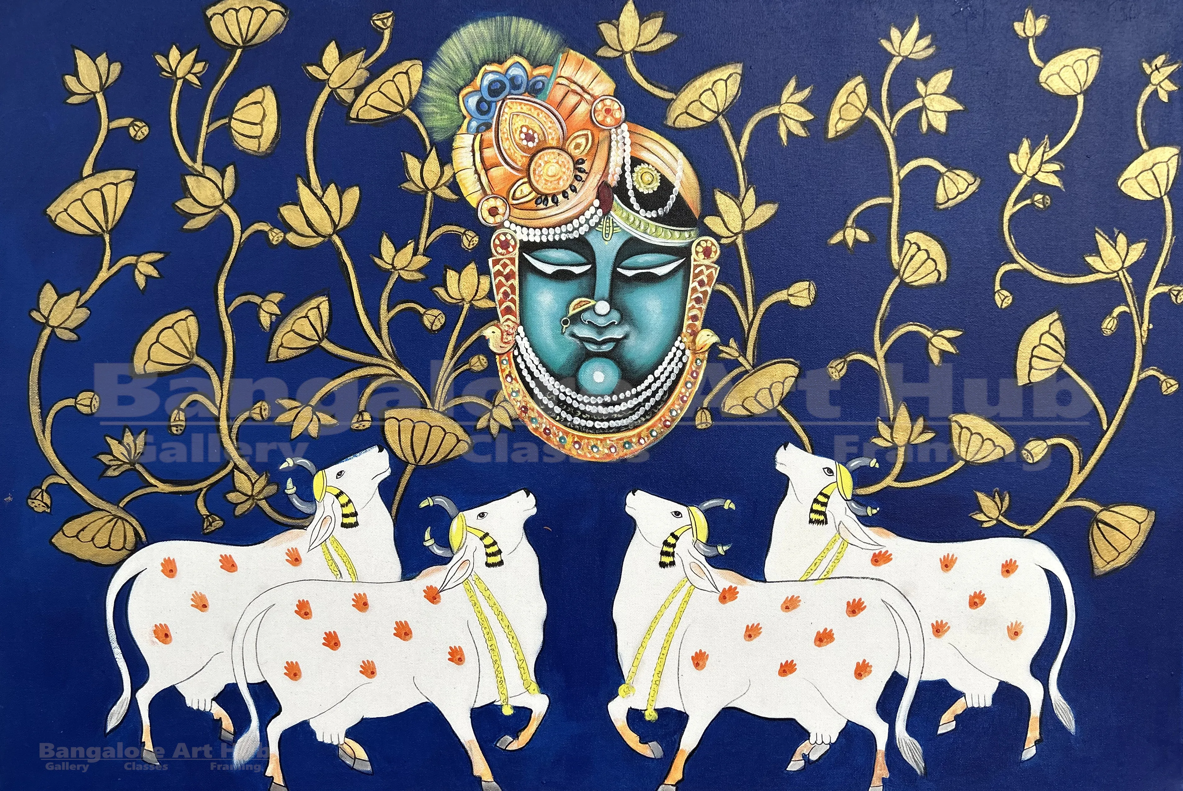 Shrinathji with Sacred Cows | Original Pichwai Style Acrylic Painting on Canvas | Handmade Indian Spiritual Art