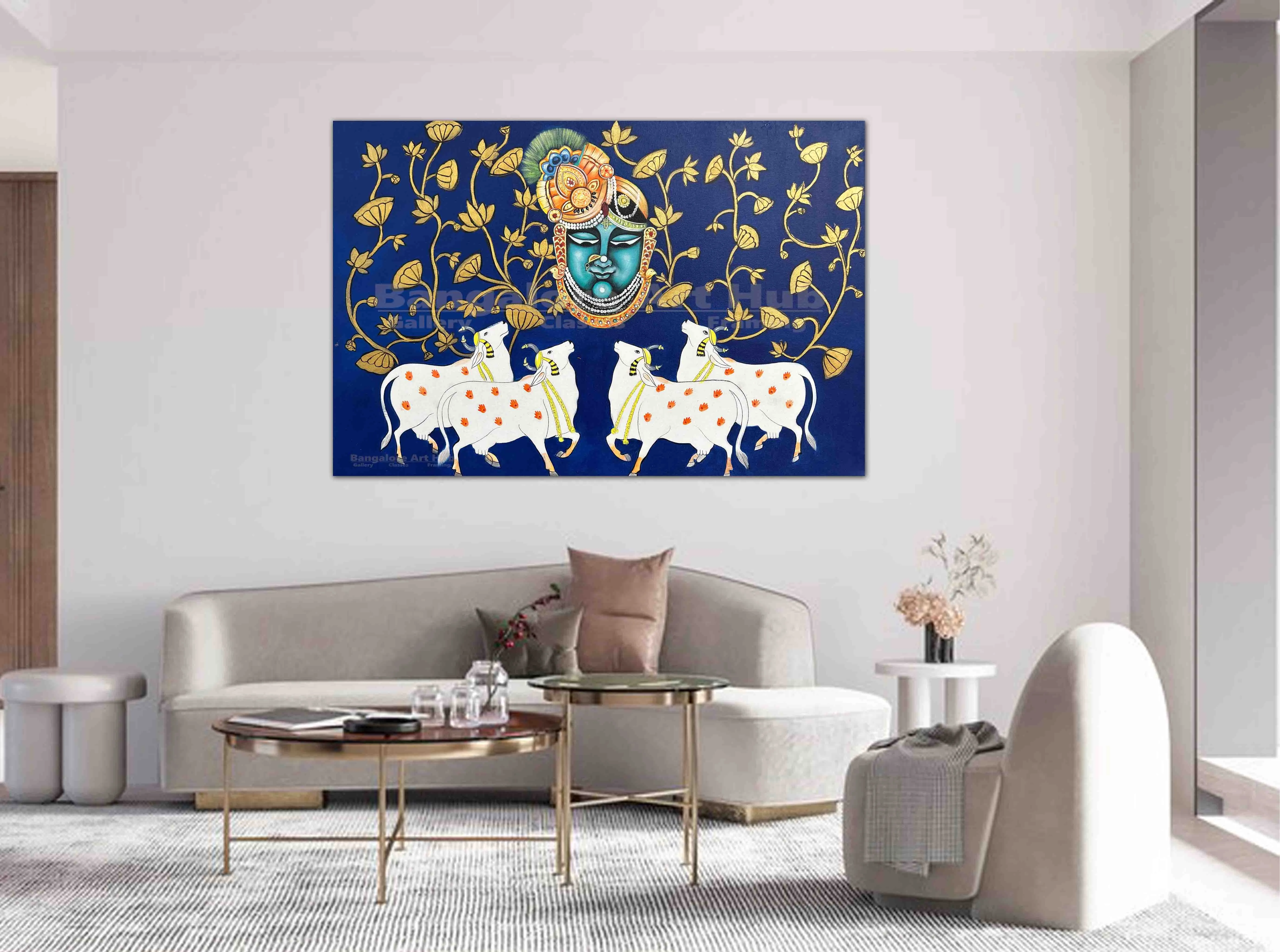 Shrinathji with Sacred Cows | Original Pichwai Style Acrylic Painting on Canvas | Handmade Indian Spiritual Art