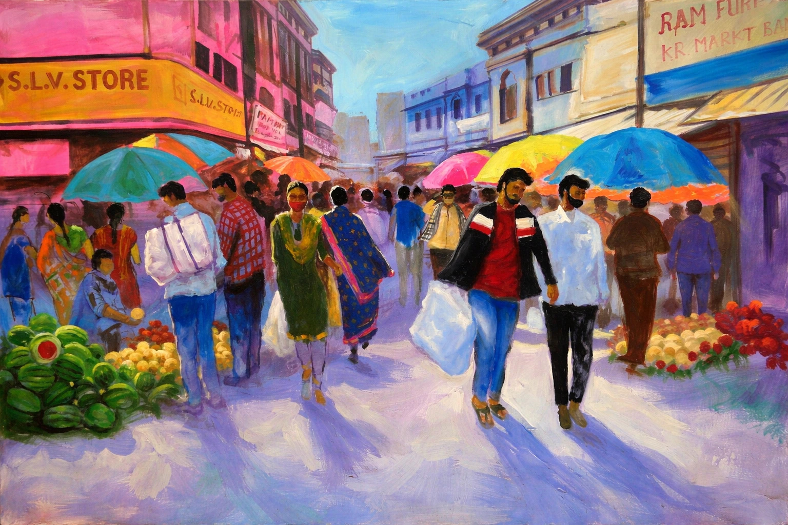 Bangalore KR Market Street | Original Cityscape  | Handmade Urban Market Wall Art