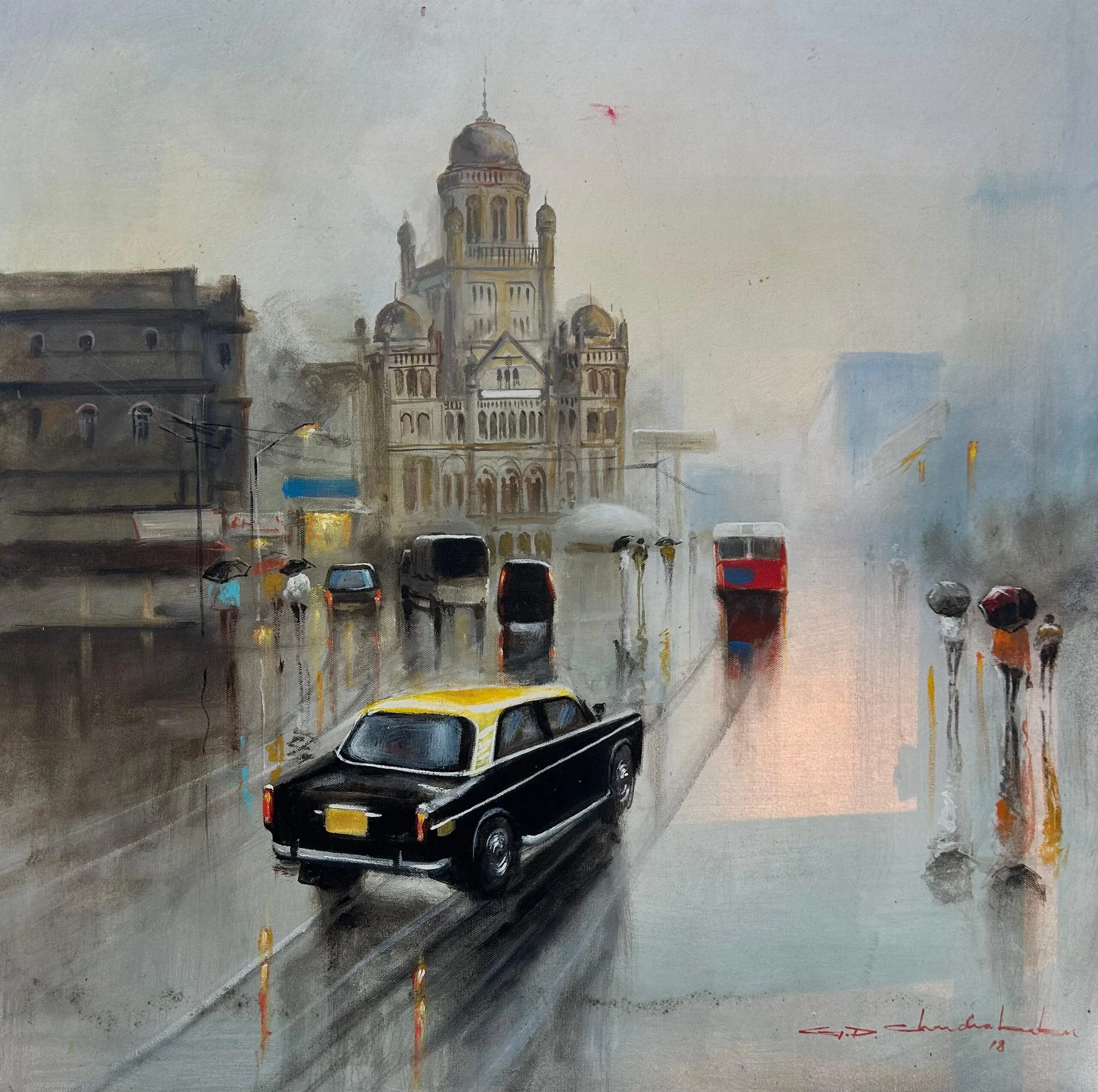 Rainy Kolkata Street with Heritage Tram | Original Cityscape  | Handmade Urban Landscape Art