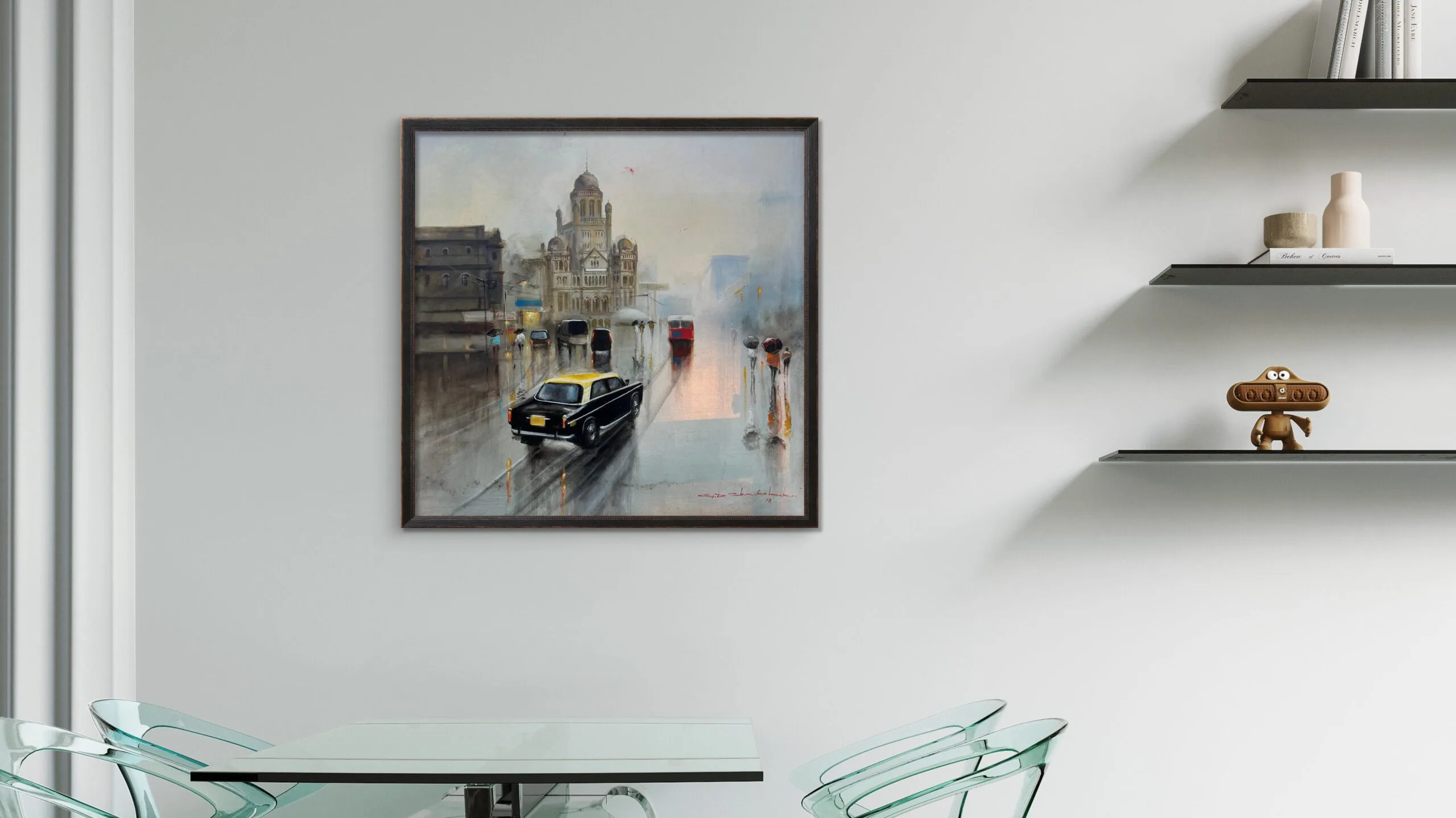 Rainy Kolkata Street with Heritage Tram | Original Cityscape  | Handmade Urban Landscape Art