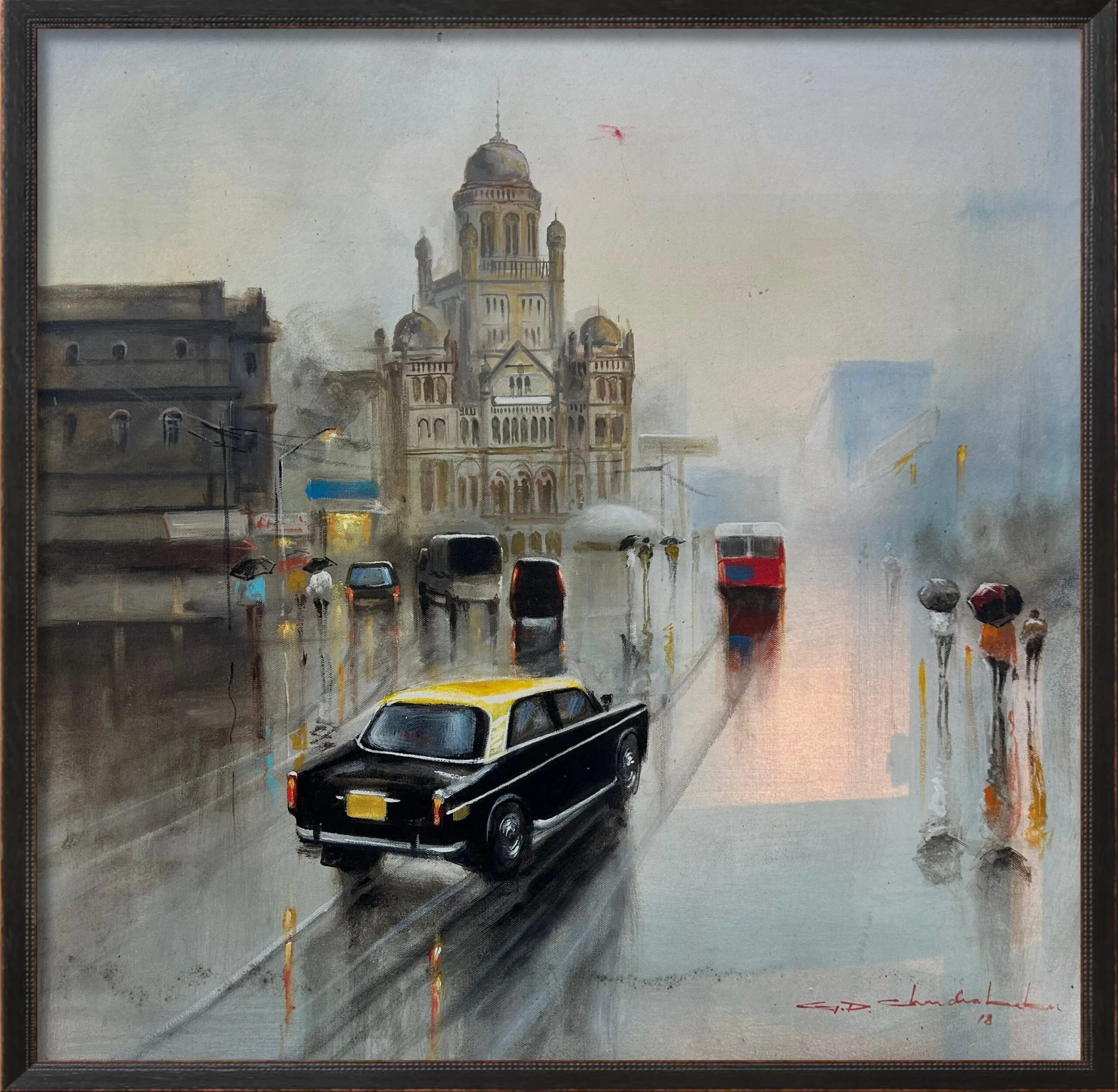 Rainy Kolkata Street with Heritage Tram | Original Cityscape  | Handmade Urban Landscape Art