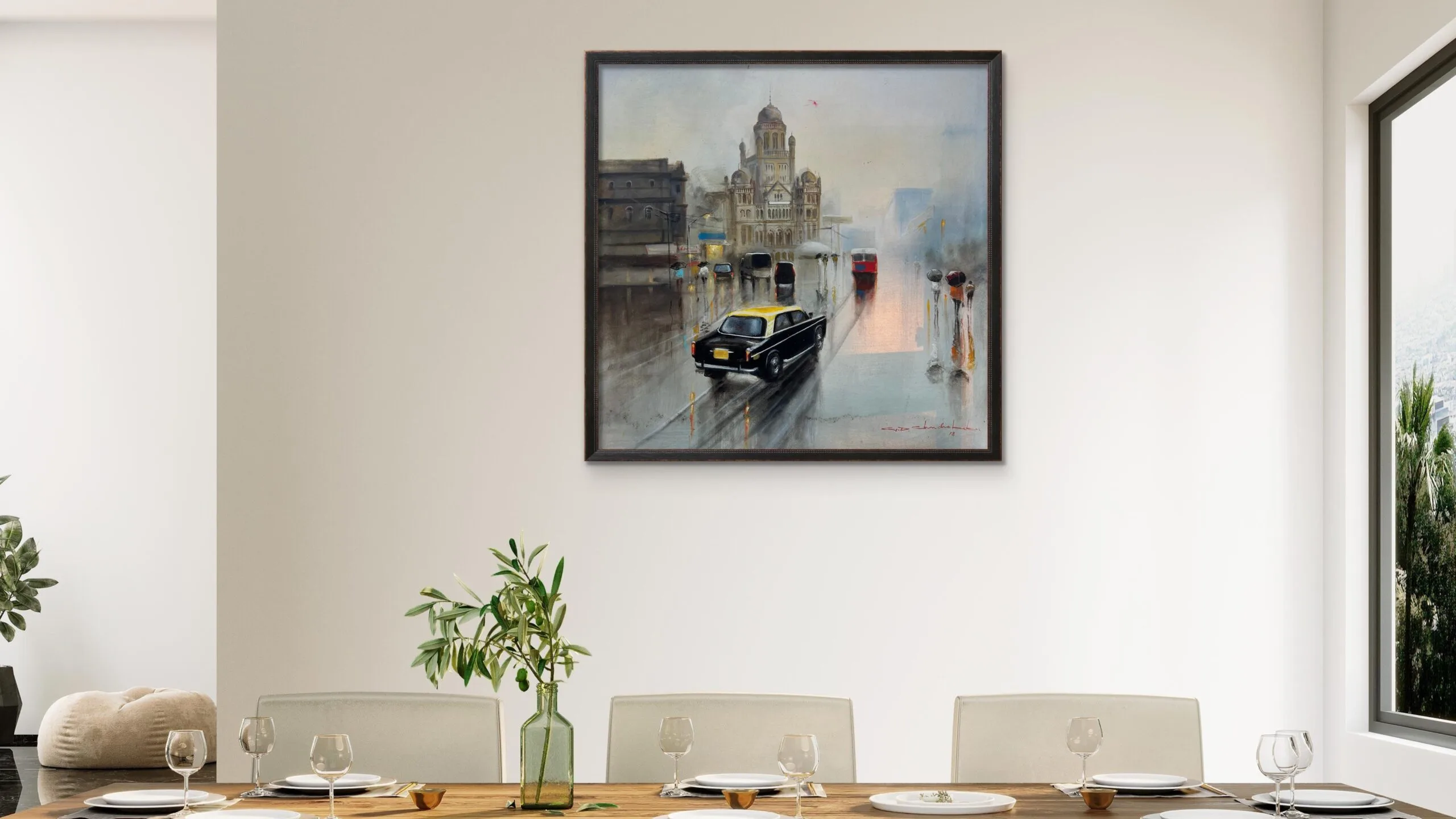 Rainy Kolkata Street with Heritage Tram | Original Cityscape  | Handmade Urban Landscape Art