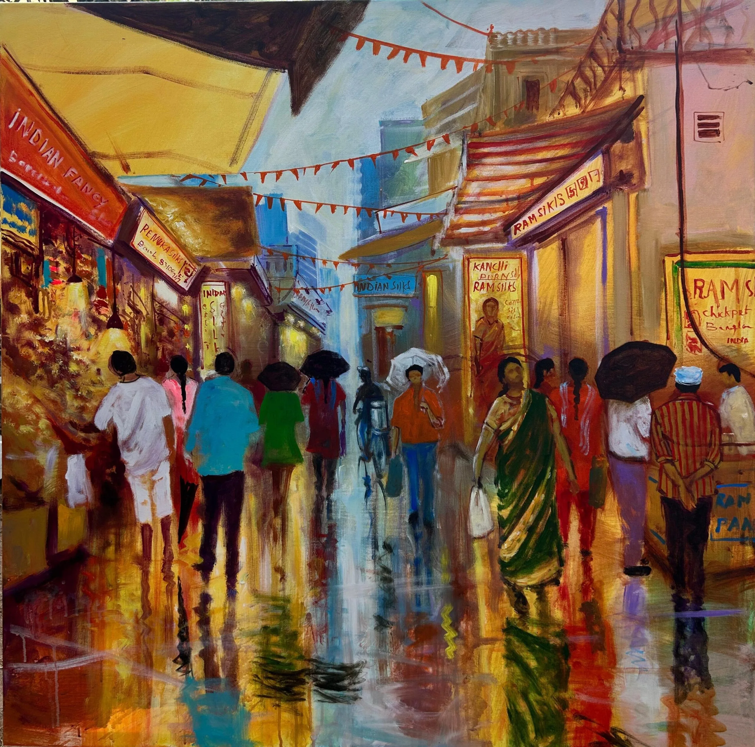 Rainy Market Street in Bangalore | Original Cityscape Oil Painting