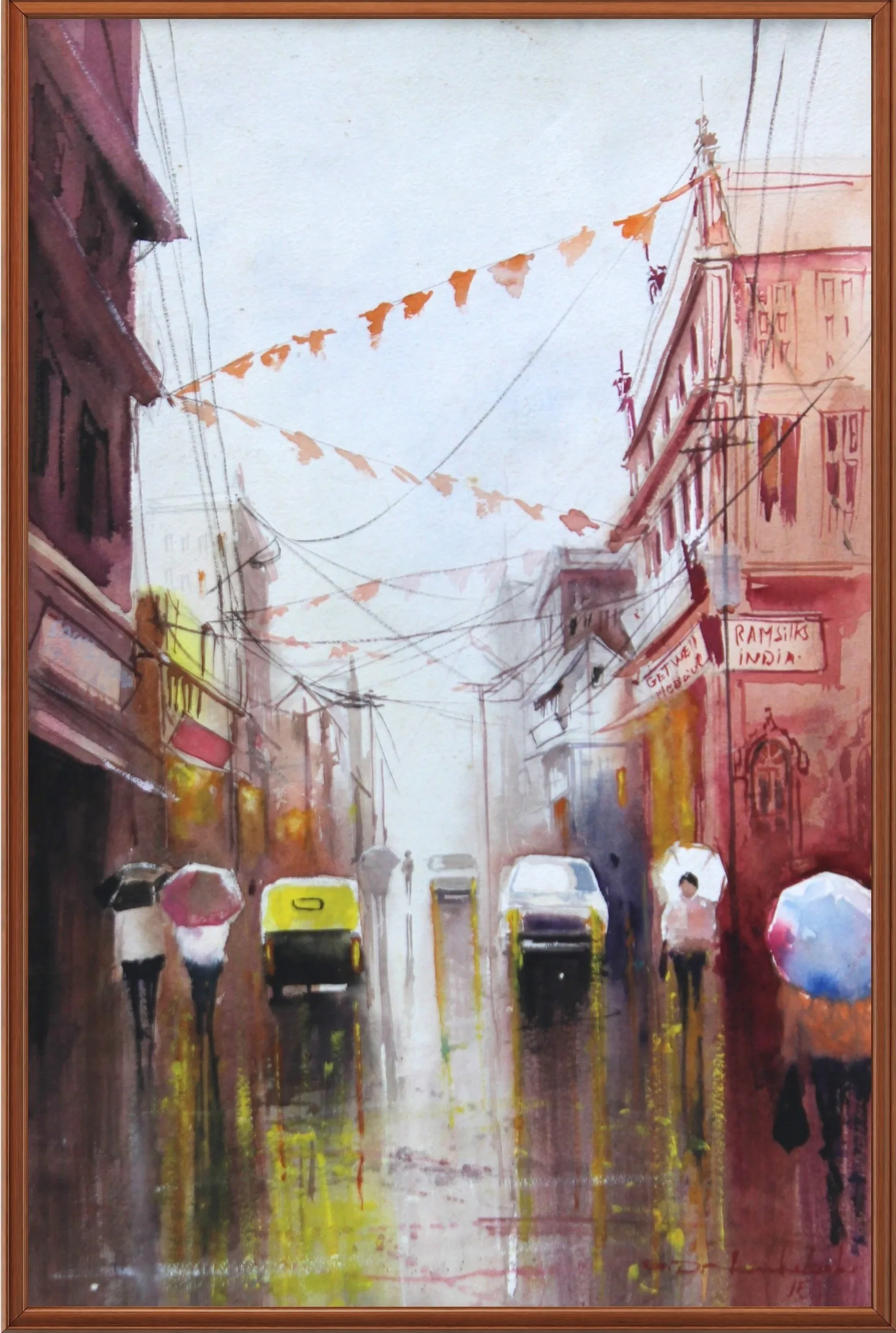 Rainy Indian Street Cityscape Painting – Original Monsoon Artwork