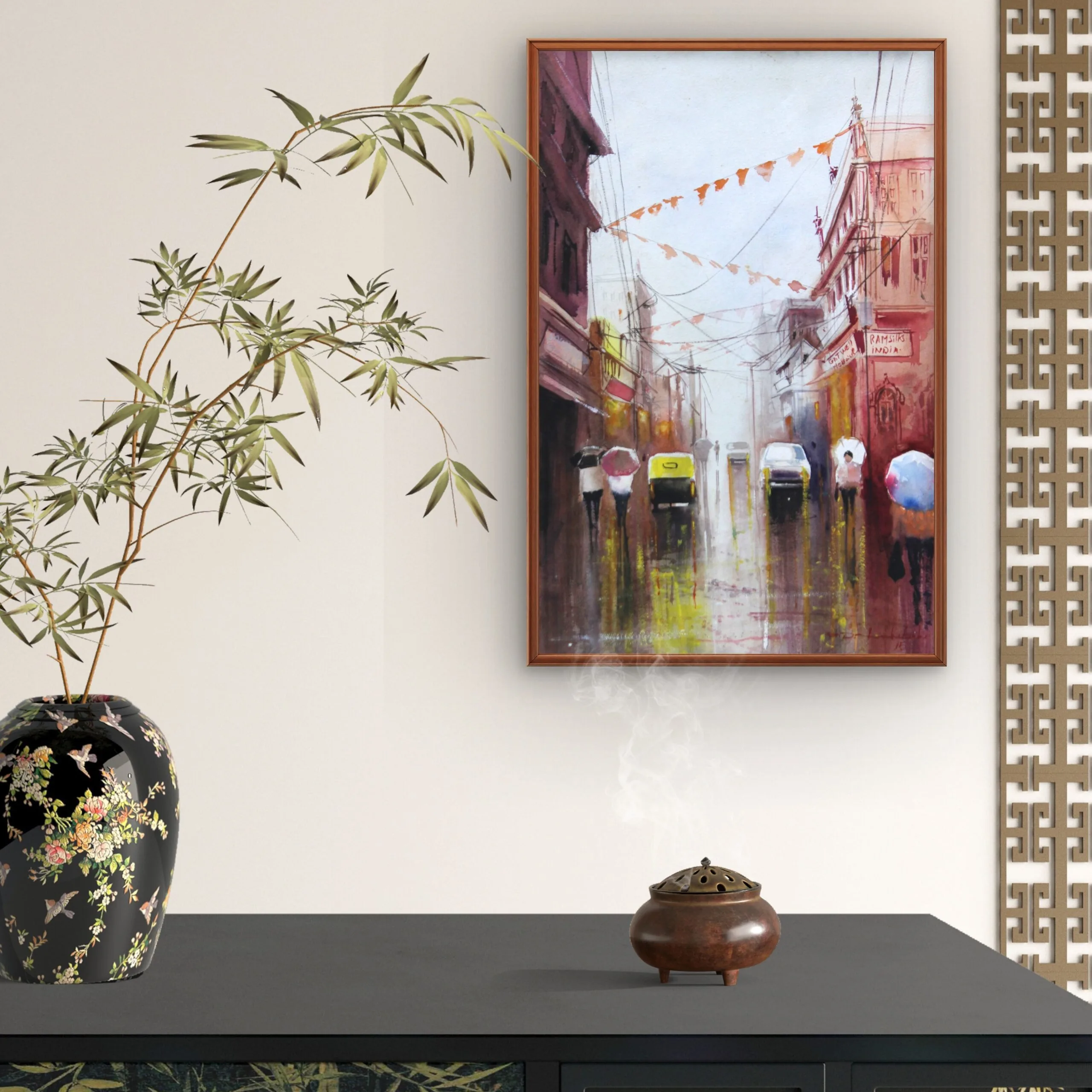 Rainy Indian Street Cityscape Painting – Original Monsoon Artwork