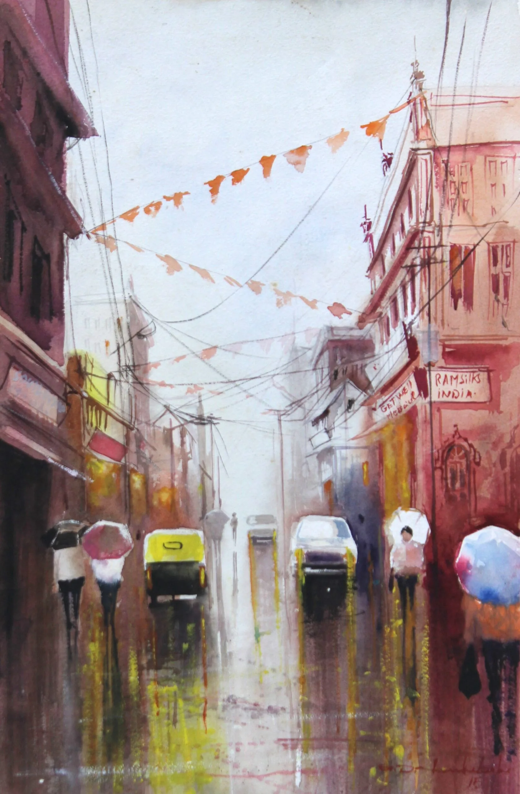 Rainy Indian Street Cityscape Painting – Original Monsoon Artwork