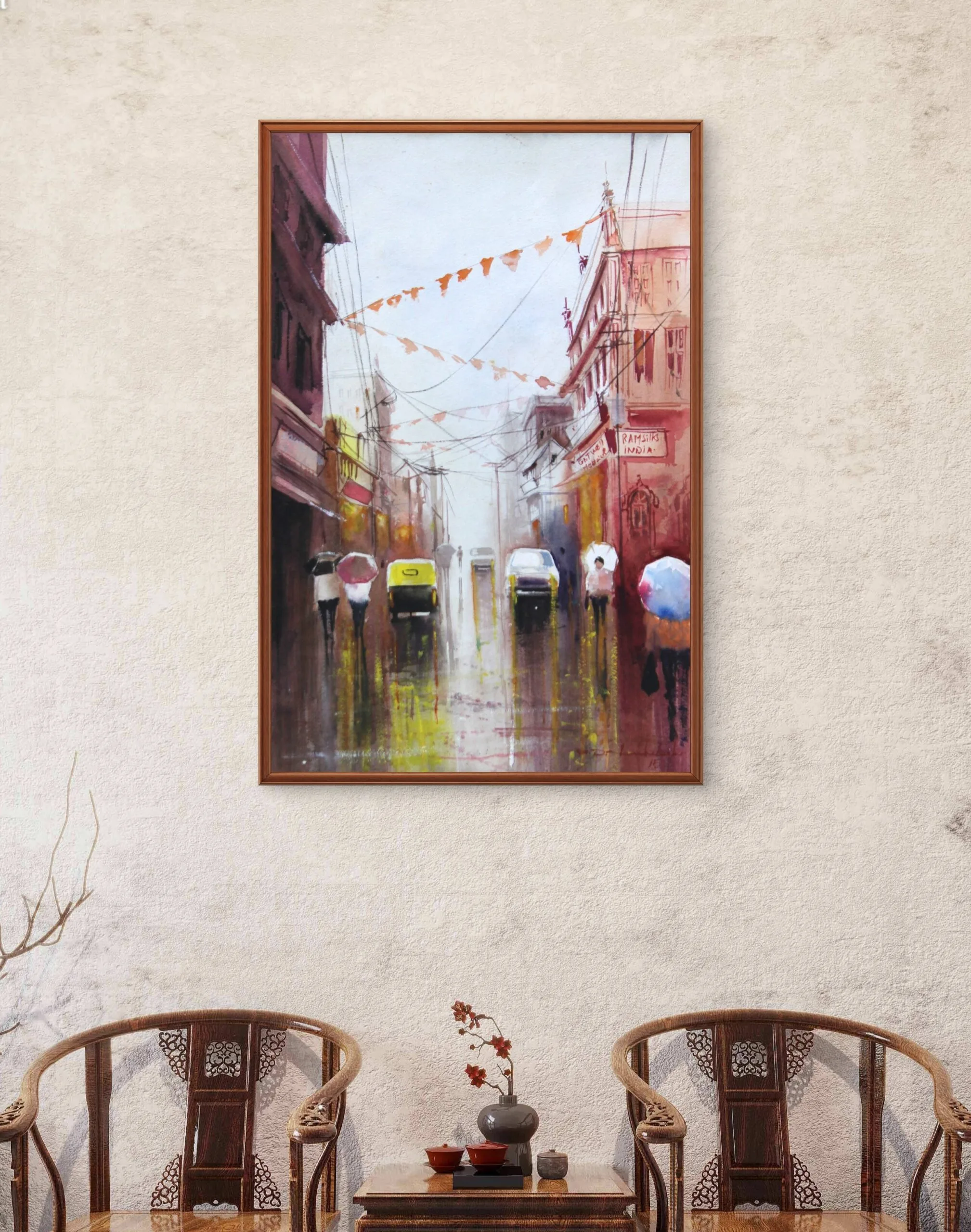 Rainy Indian Street Cityscape Painting – Original Monsoon Artwork