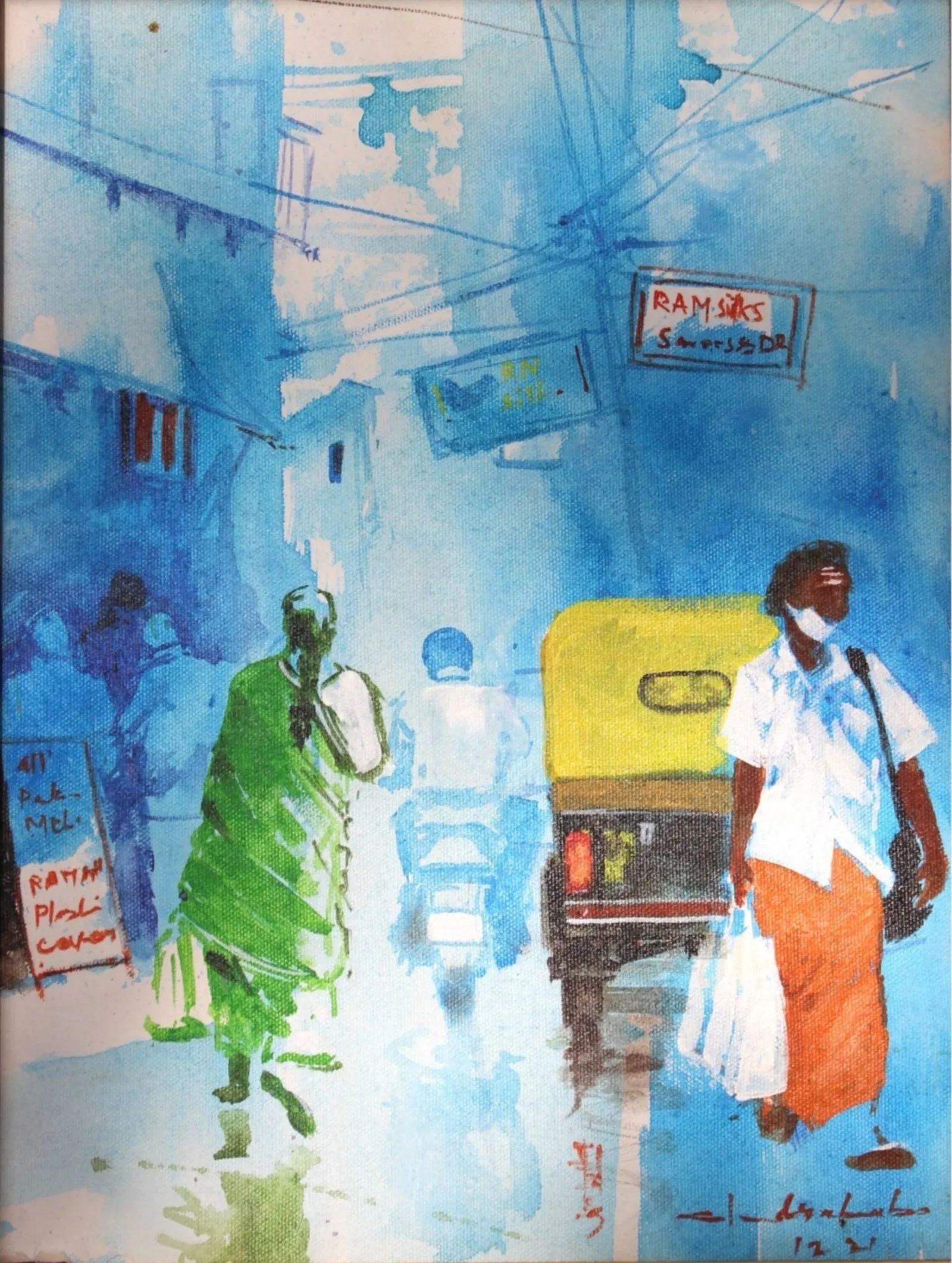 Blue Indian Street Cityscape Painting with Auto Rickshaw – Original Artwork