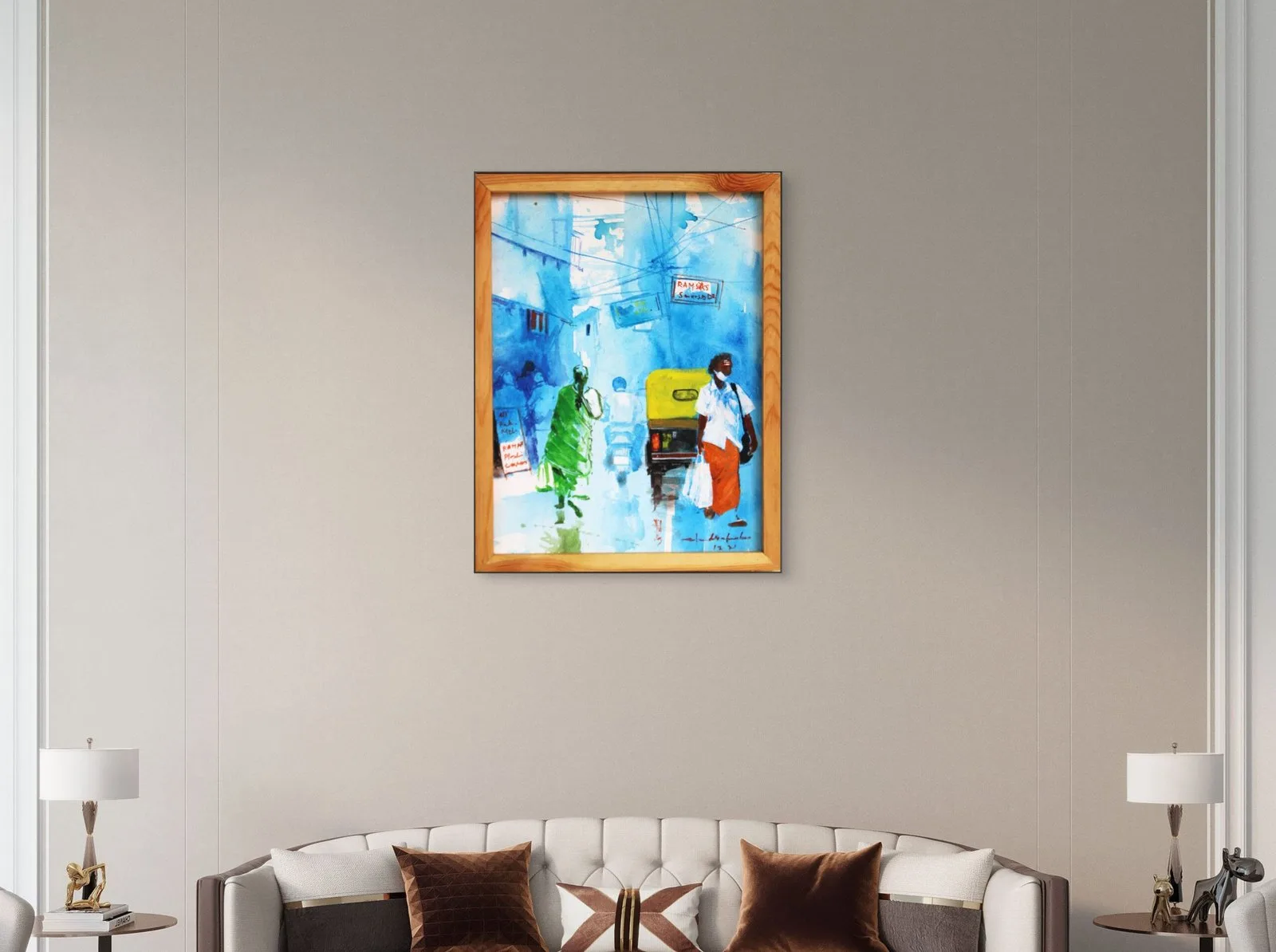 Blue Indian Street Cityscape Painting with Auto Rickshaw – Original Artwork