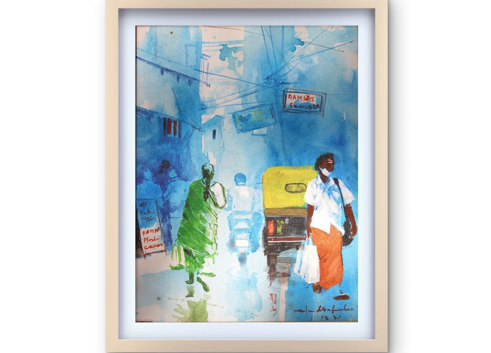 Blue Indian Street Cityscape Painting with Auto Rickshaw – Original Artwork
