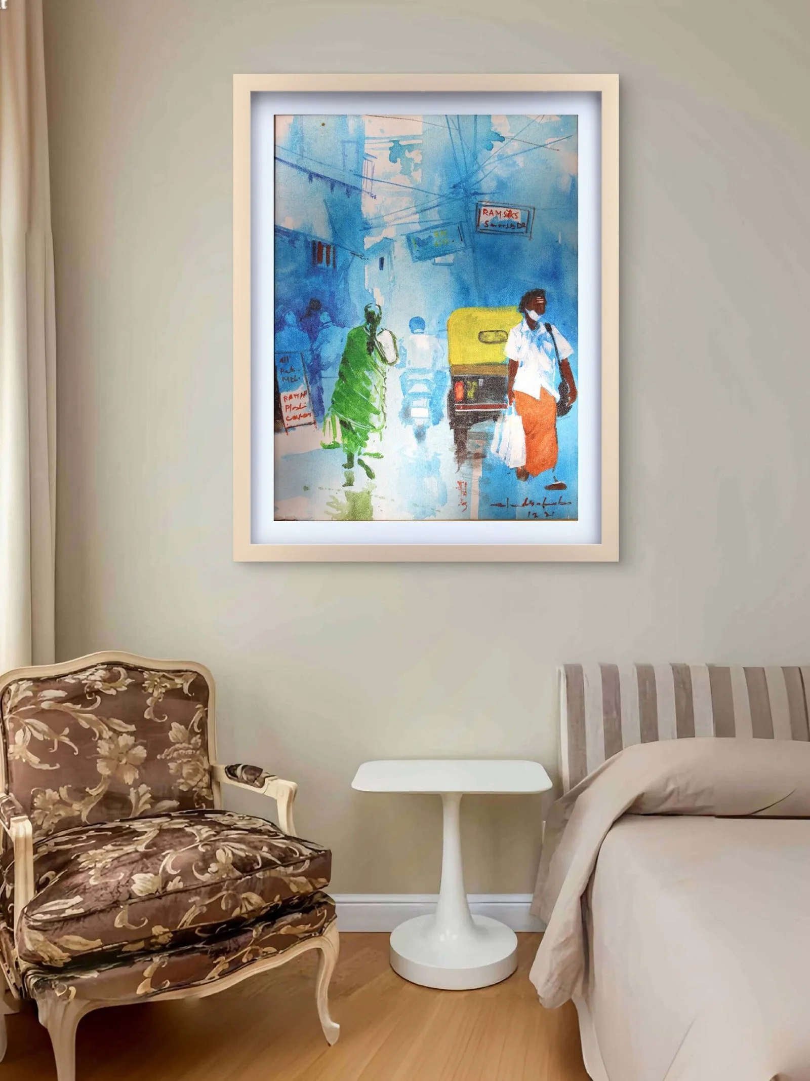 Blue Indian Street Cityscape Painting with Auto Rickshaw – Original Artwork