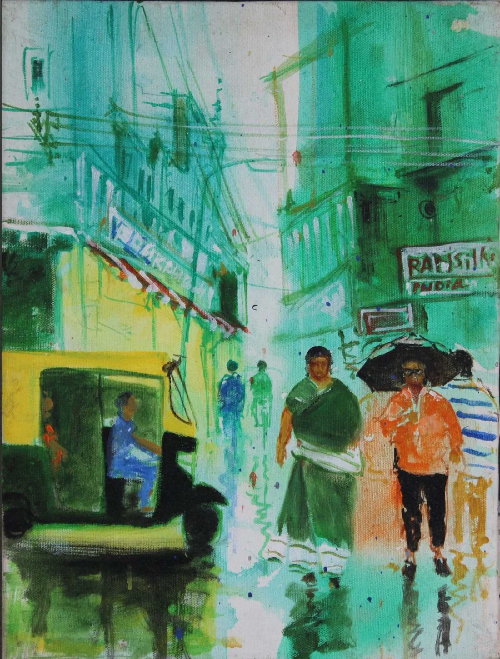 Rainy Indian Street with Auto Rickshaw – Original Cityscape Painting