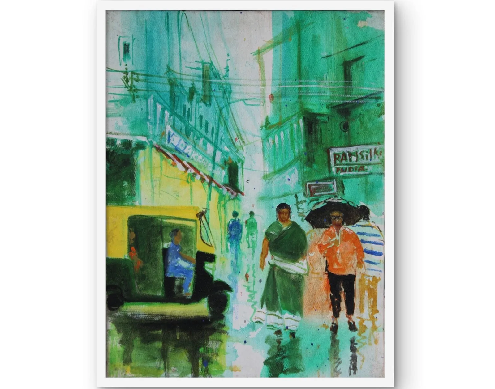 Rainy Indian Street with Auto Rickshaw – Original Cityscape Painting