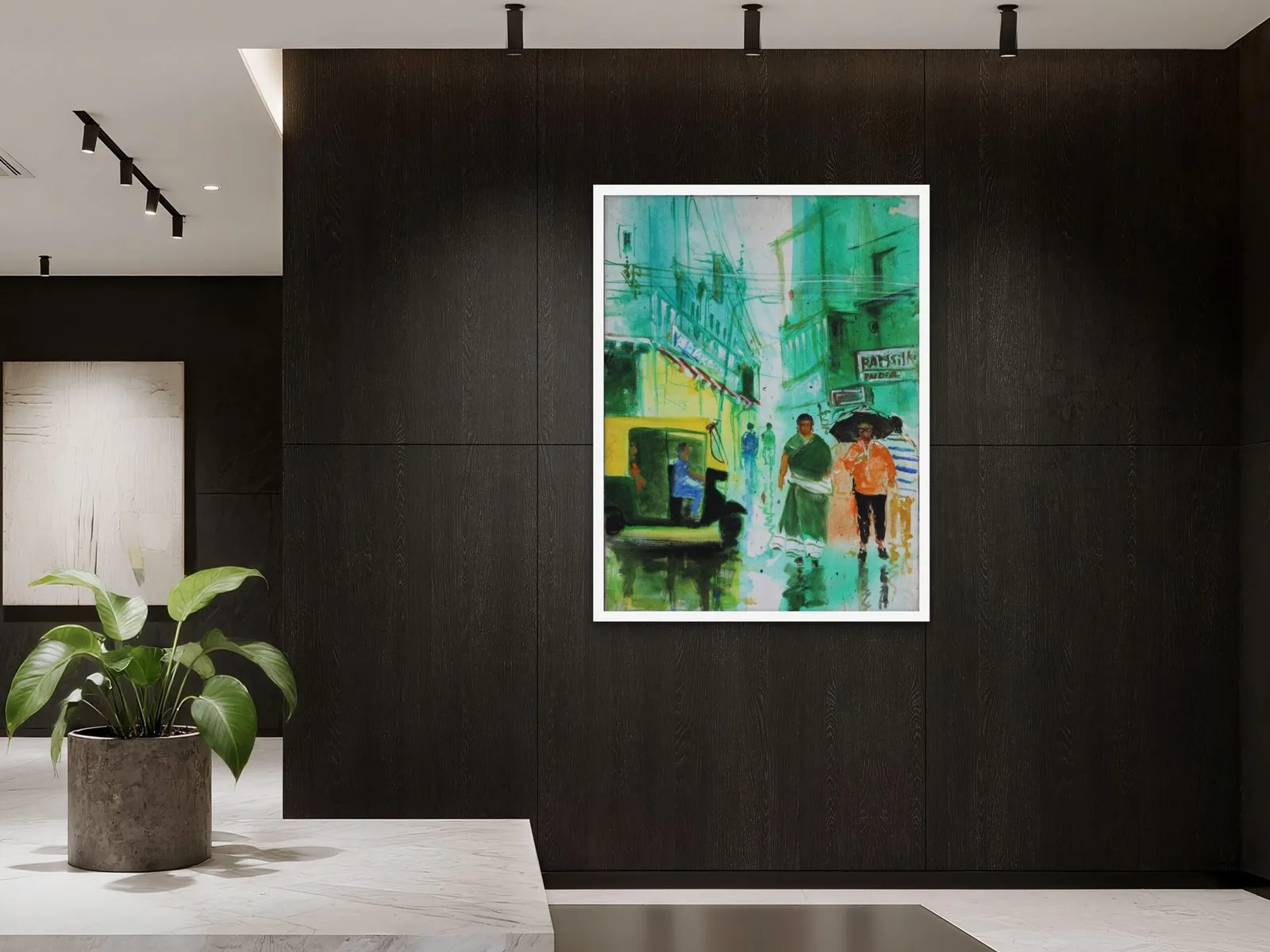 Rainy Indian Street with Auto Rickshaw – Original Cityscape Painting