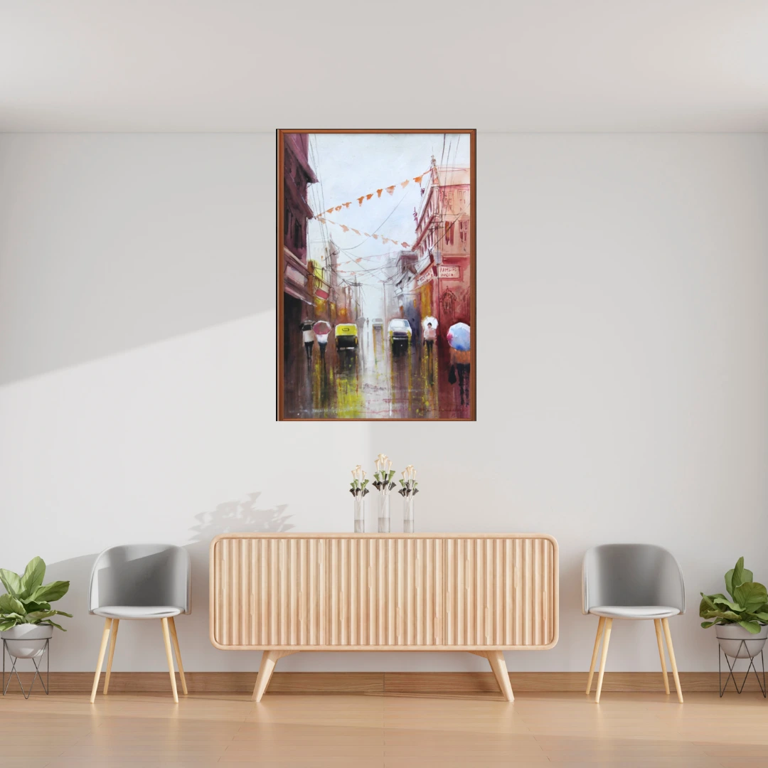 Rainy Indian Street Cityscape Painting – Original Monsoon Artwork