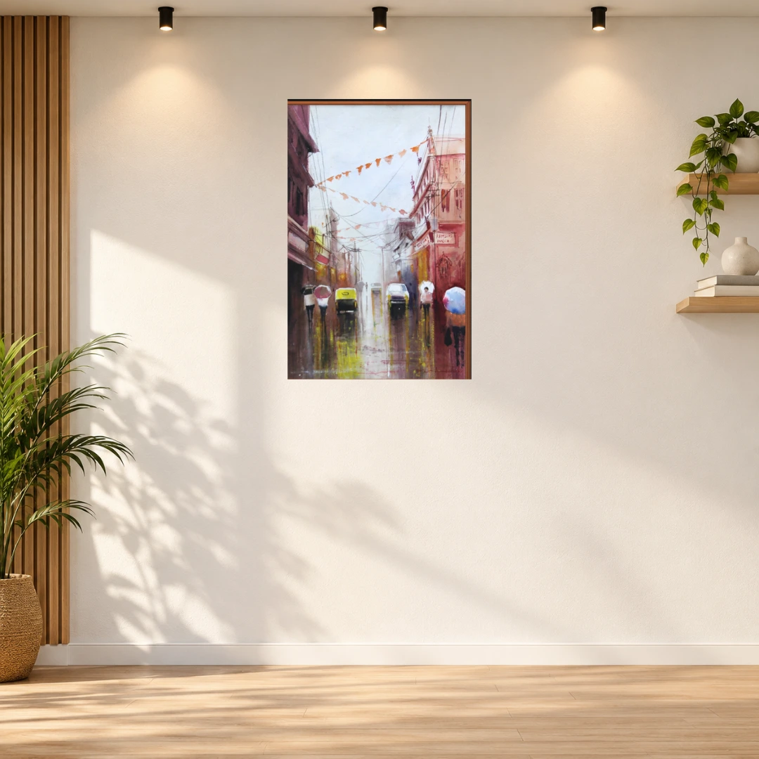 Rainy Indian Street Cityscape Painting – Original Monsoon Artwork