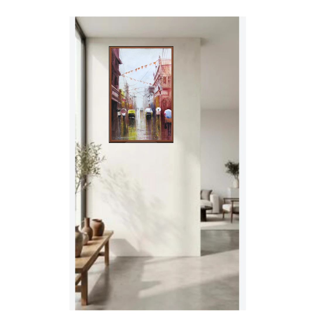 Rainy Indian Street Cityscape Painting – Original Monsoon Artwork