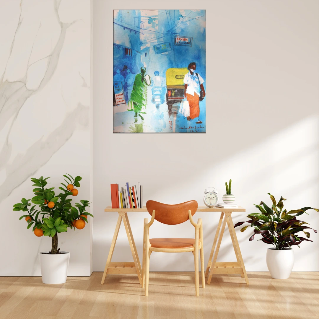Blue Indian Street Cityscape Painting with Auto Rickshaw – Original Artwork