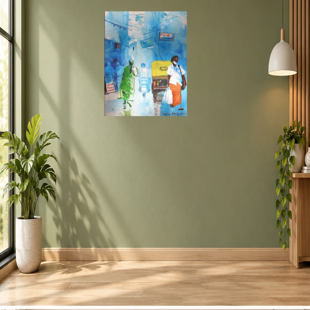 Blue Indian Street Cityscape Painting with Auto Rickshaw – Original Artwork