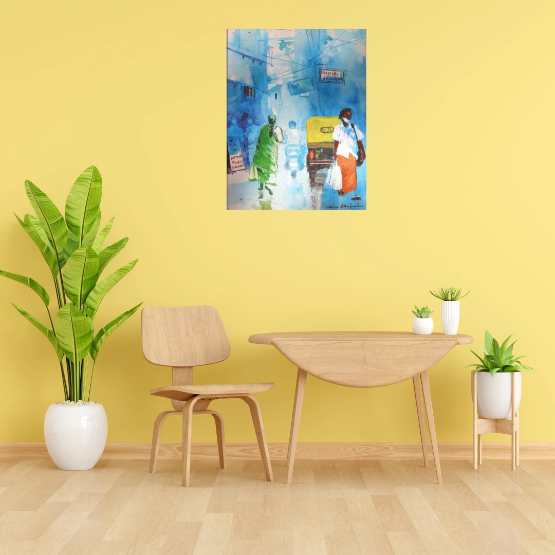 Blue Indian Street Cityscape Painting with Auto Rickshaw – Original Artwork