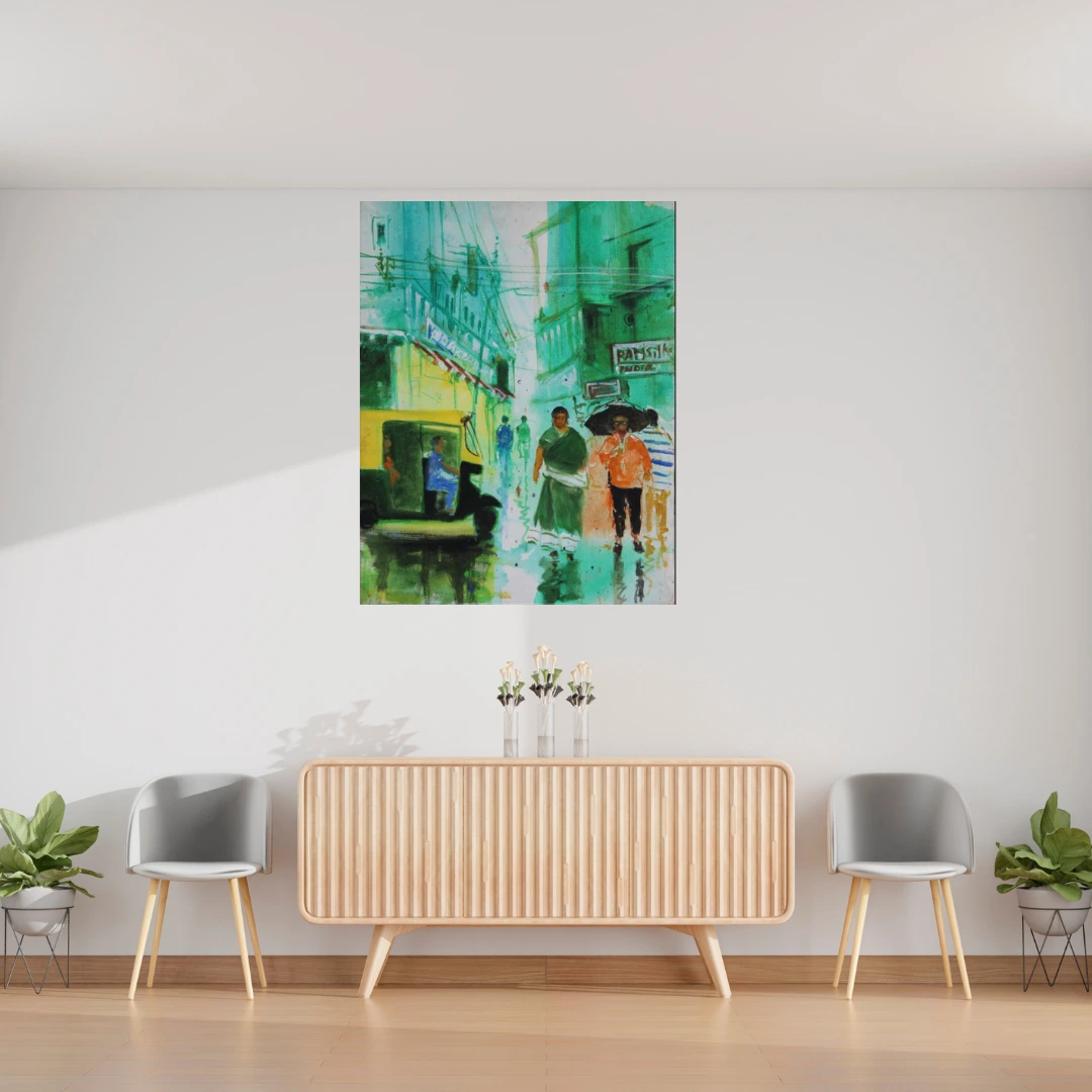 Rainy Indian Street with Auto Rickshaw – Original Cityscape Painting