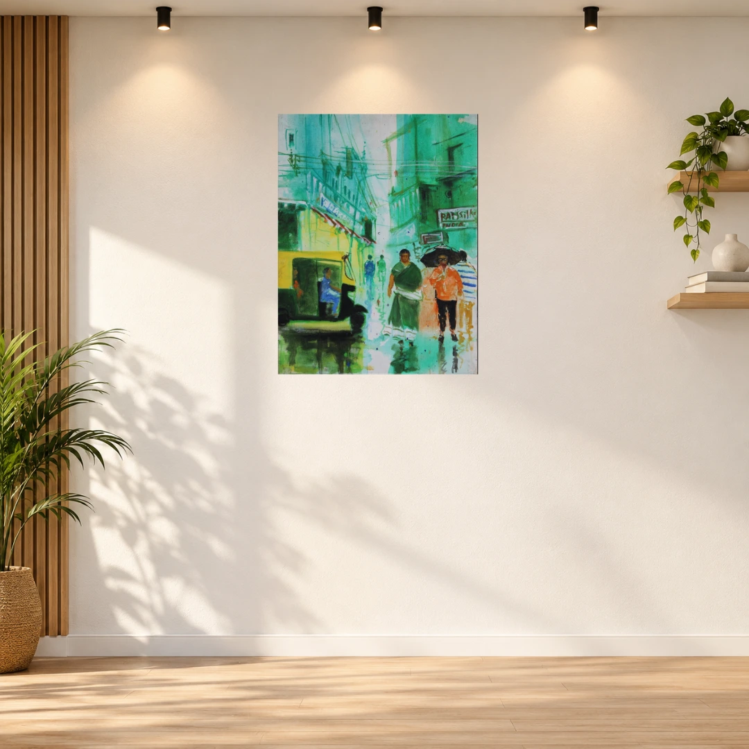 Rainy Indian Street with Auto Rickshaw – Original Cityscape Painting