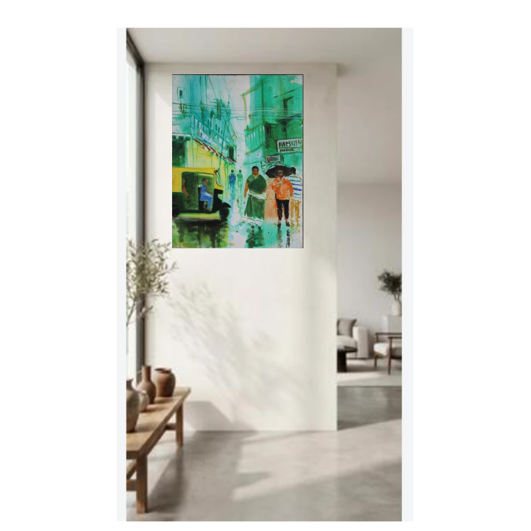 Rainy Indian Street with Auto Rickshaw – Original Cityscape Painting