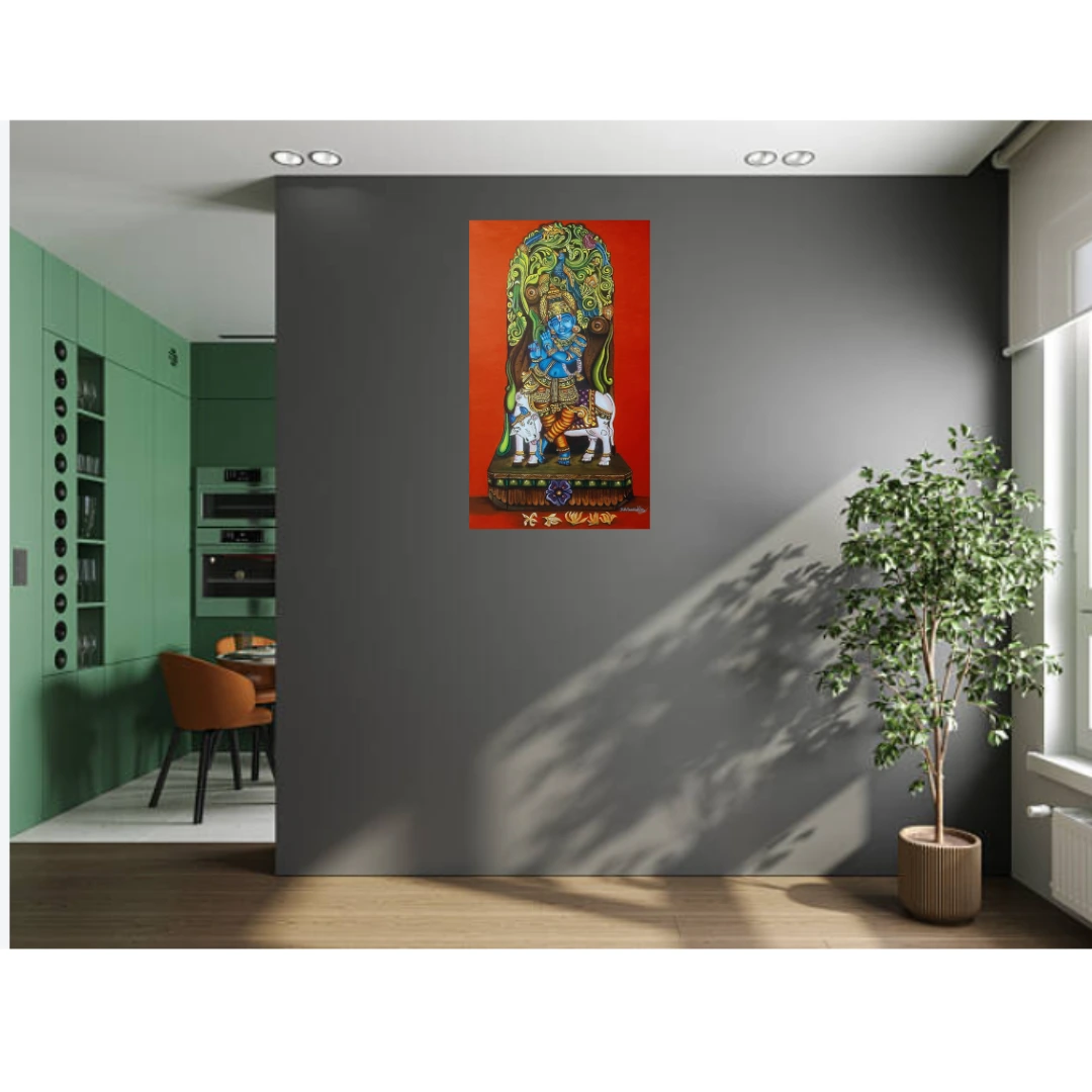 Nature with Lord Krishna – Acrylic on Stretched Canvas | Original Indian Art