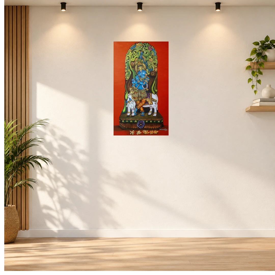Nature with Lord Krishna – Acrylic on Stretched Canvas | Original Indian Art